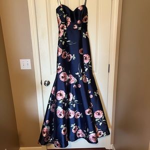 Blue Floral Strapless Prom Dress